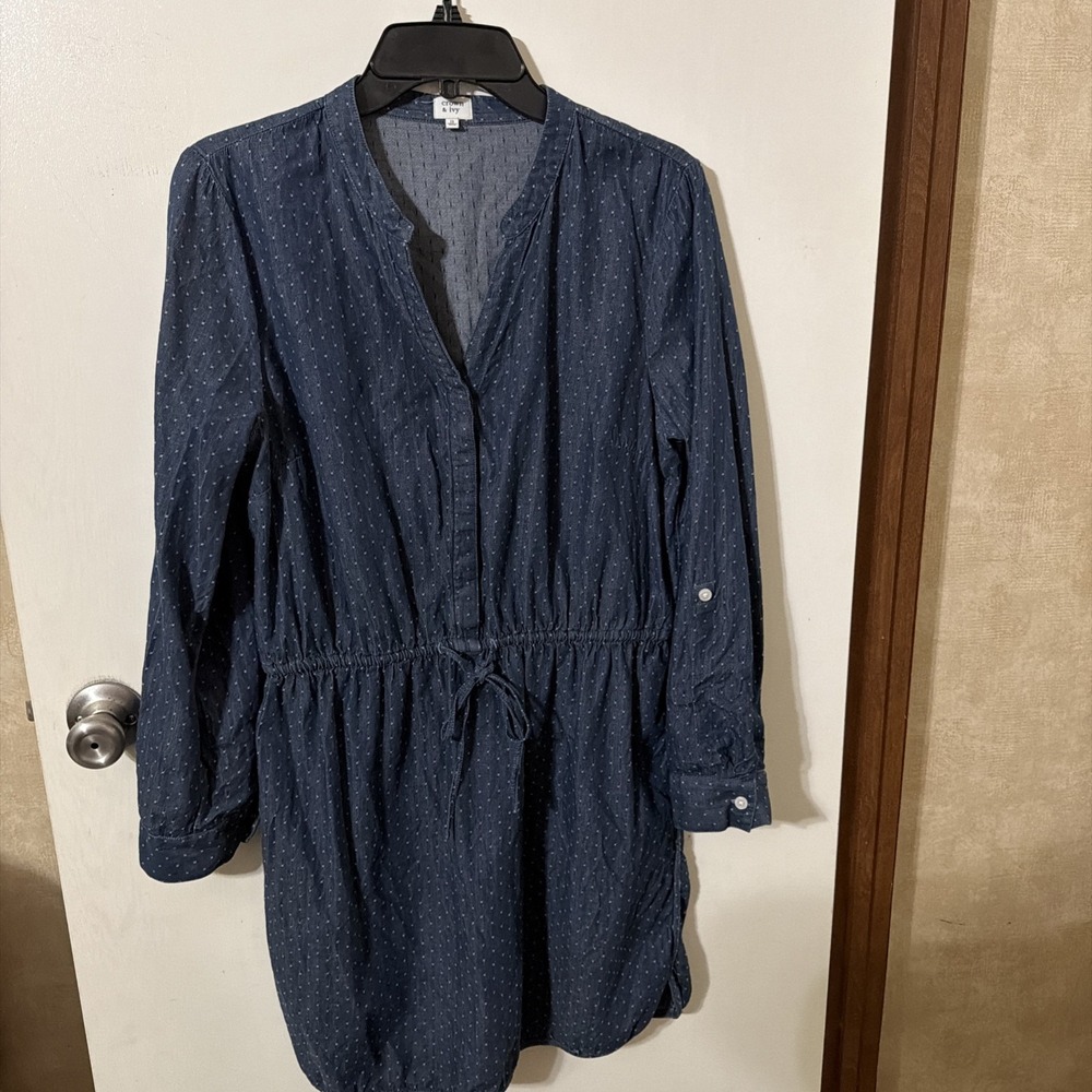 Crown Ivy Dress 12 Denim Polka Dot Long Sleeve Chambray Blue Boho Tie Cotton